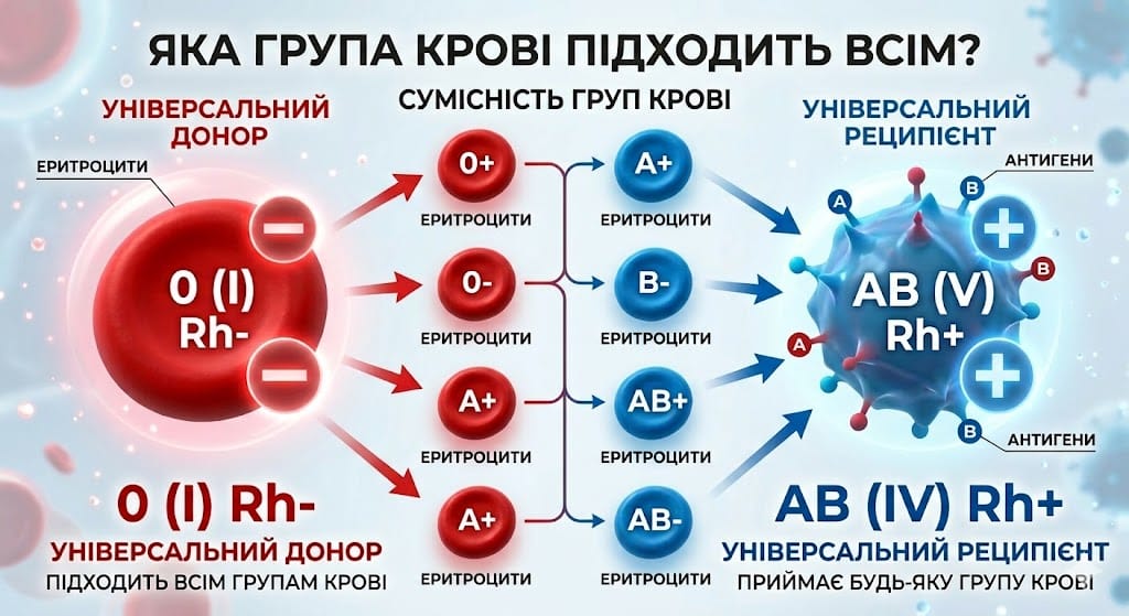 Таблиця сумісності груп крові на зображенні схематичн опозначено яка підходить до якої