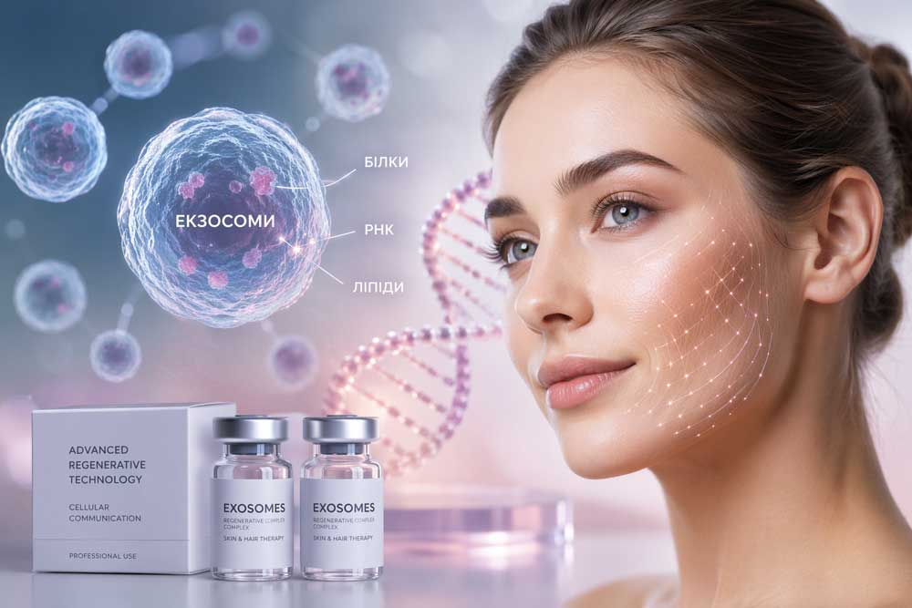 НА зображені дівчина з красивим підтянутим облияячам та препарат для інєкцій екзосоми