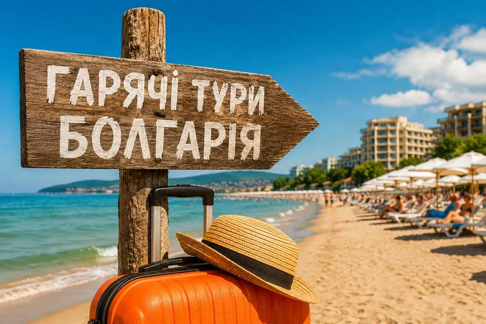 На зображенні пляж Болгарії з шезлонгами та туристами на ніх на задньому фоні. Спереді дорожній чемодан