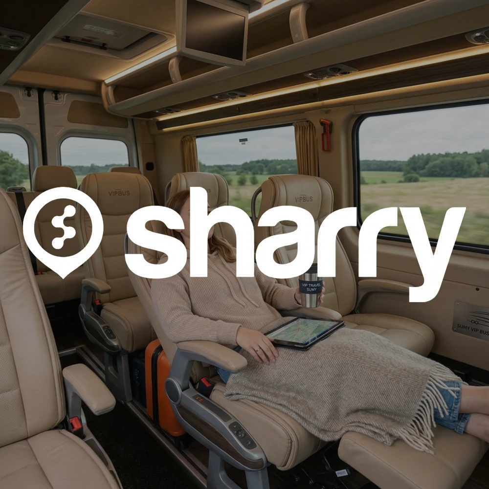 Sharry на фоні дівчини, яка комфортно сидить у шкіряному салоні мінібусу